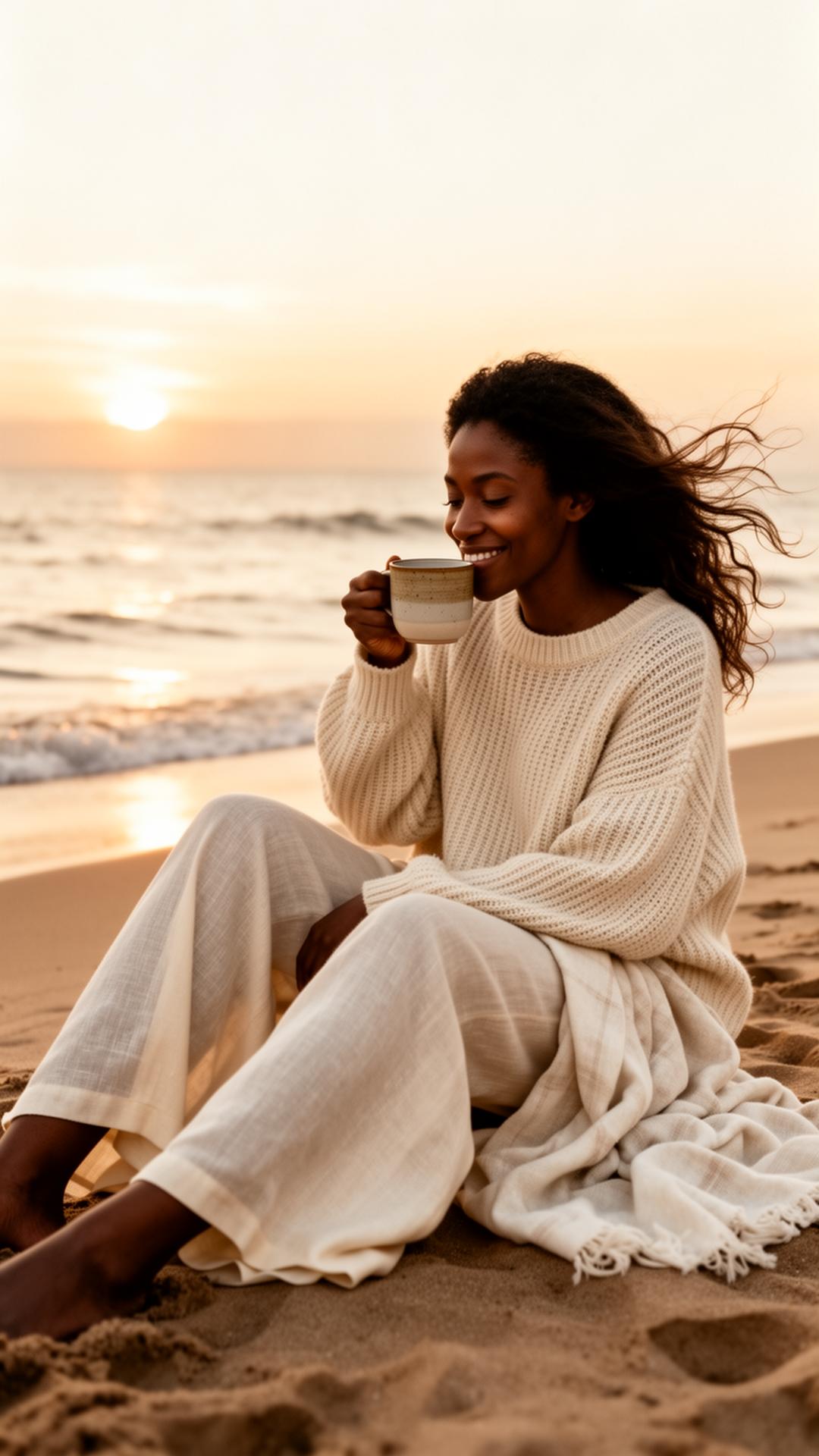 A woman at the beach at sunrise holding a cup of coffee